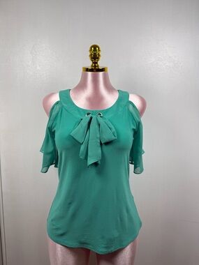 Ember Green Blouse Tie Neck Cold Shoulder Sheer Sleeve Feminine Top Size S